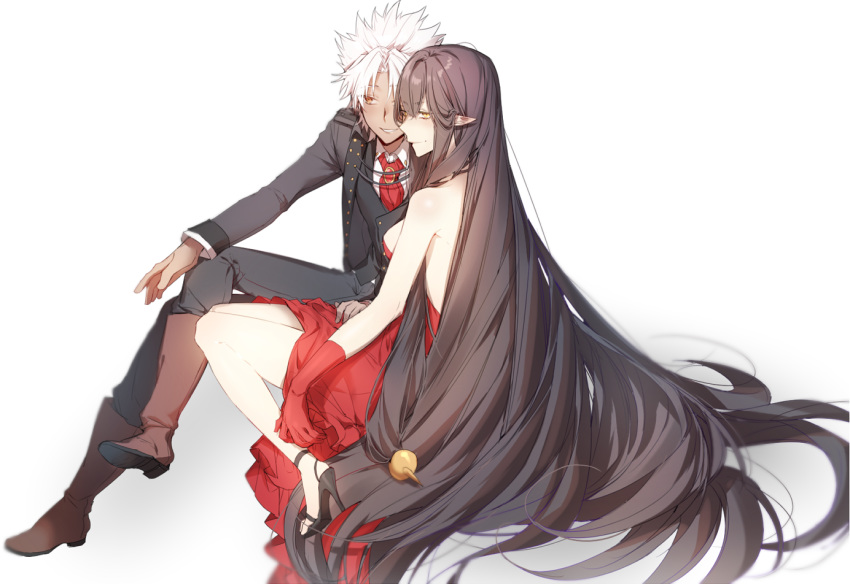 1girl amakusa_shirou_(fate) bad_id bad_twitter_id bangs black_footwear black_hair boots brown_footwear dress fate/apocrypha fate/grand_order fate_(series) formal gloves high_heels long_hair long_sleeves myo_ne parted_bangs pointy_ears red_dress red_gloves semiramis_(fate) simple_background sitting smile suit very_long_hair white_background white_hair yellow_eyes