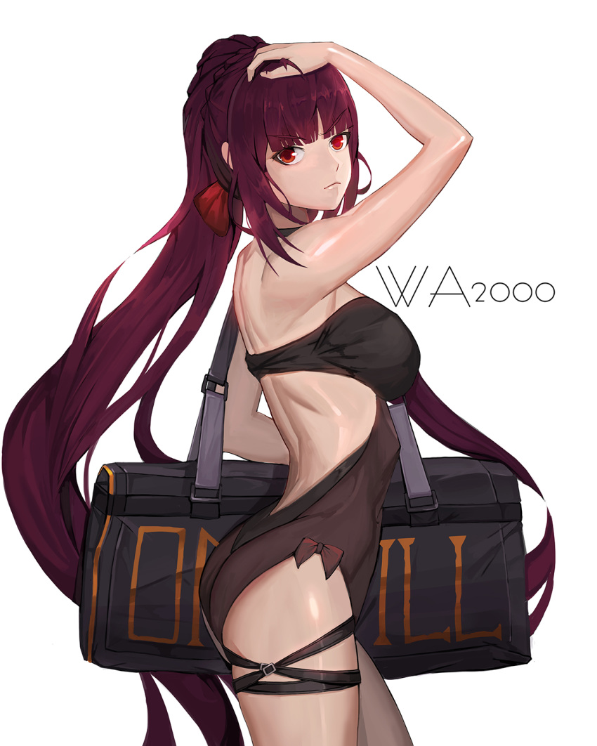alternate_costume alternate_hairstyle armpits ass bag bangs blunt_bangs blush bow braid breasts character_name closed_mouth commentary crown_braid expressionless eyebrows_visible_through_hair from_side girls_frontline hair_bow hair_ribbon hand_on_own_head highres holding holding_bag ilja large_breasts long_hair looking_at_viewer one-piece_swimsuit ponytail purple_hair red_bow red_eyes ribbon ribs sidelocks simple_background skindentation solo swimsuit thigh_strap thighs very_long_hair wa2000_(girls_frontline) white_background