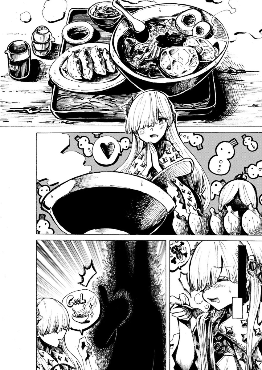 1girl anastasia_(fate/grand_order) bowl comic doll fate/grand_order fate_(series) food fork greyscale hair_over_one_eye heart highres hyakusei monochrome mundane_utility noodles ramen sauce silent_comic spirit spoken_heart thumbs_up