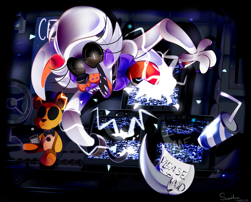 2018 animatronic anthro bow_tie digital_media_(artwork) empty_eyes eyelashes five_nights_at_freddy's five_nights_at_freddy's_world fur golden_freddy_(fnaf) hi_res lolbit_(fnaf) machine male mammal orange_fur plushie robot sideshow-spottus simple_background sister_location video_games white_fur