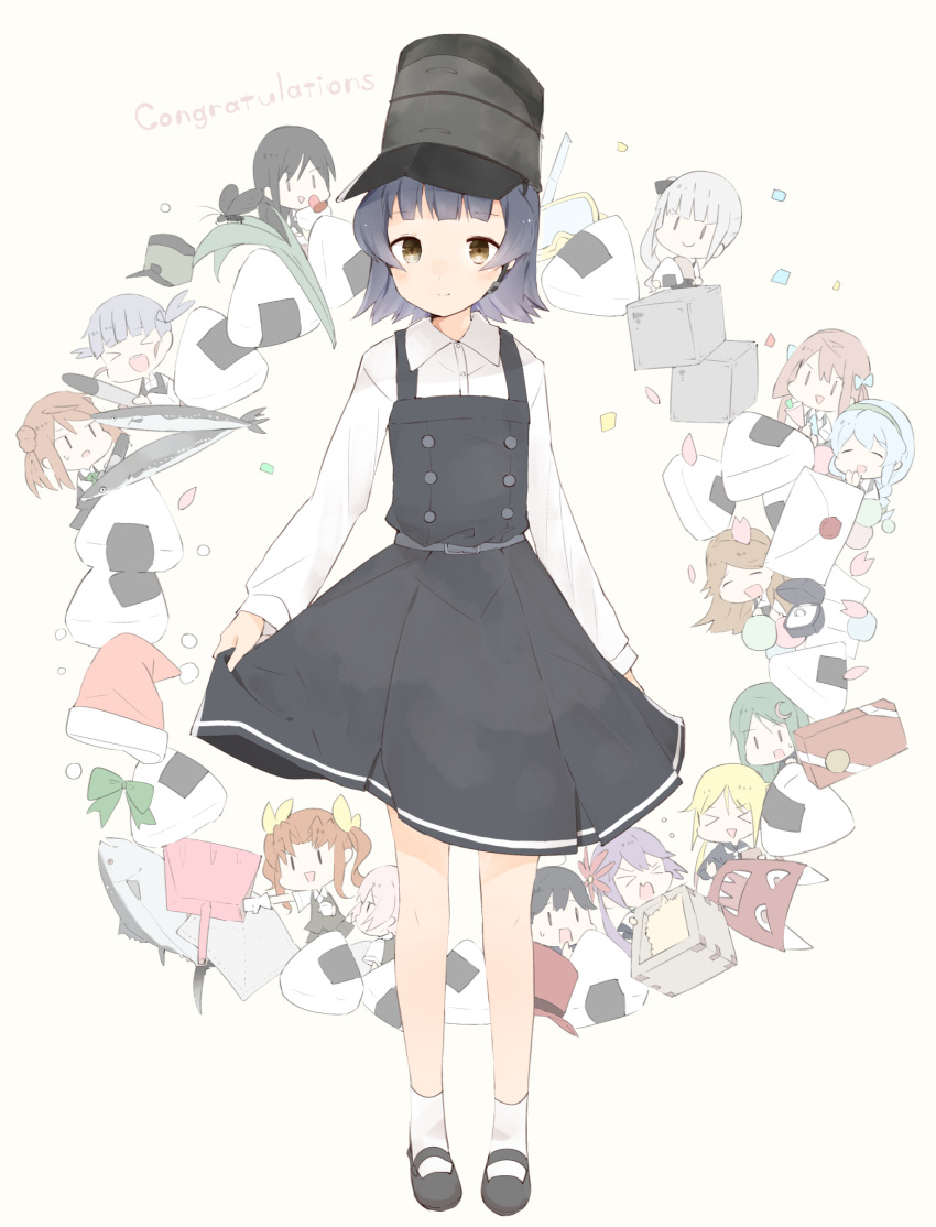 &gt;:) &gt;_&lt; :d ahoge akebono_(kantai_collection) arare_(kantai_collection) arashio_(kantai_collection) asagumo_(kantai_collection) asashio_(kantai_collection) belt belt_buckle black_dress black_footwear black_hair blonde_hair blouse blush brown_eyes brown_hair buckle buttons closed_eyes commentary_request diving_mask dress fish flower food gloves green_hair grey_hair grey_skirt grey_vest hair_flower hair_ornament hat highres kagerou_(kantai_collection) kantai_collection kasumi_(kantai_collection) letter long_sleeves low_twintails michishio_(kantai_collection) multiple_girls nagatsuki_(kantai_collection) neckerchief oni_mask onigiri ooshio_(kantai_collection) ooyama_imo open_mouth pinafore_dress pink_hair pleated_skirt purple_hair red_flower remodel_(kantai_collection) santa_hat satsuki_(kantai_collection) shiranui_(kantai_collection) shirt shoes short_hair short_sleeves side_ponytail skirt smile socks suspender_skirt suspenders torpedo twintails ushio_(kantai_collection) v-shaped_eyebrows vest white_blouse white_gloves white_legwear white_neckwear white_shirt yamagumo_(kantai_collection)