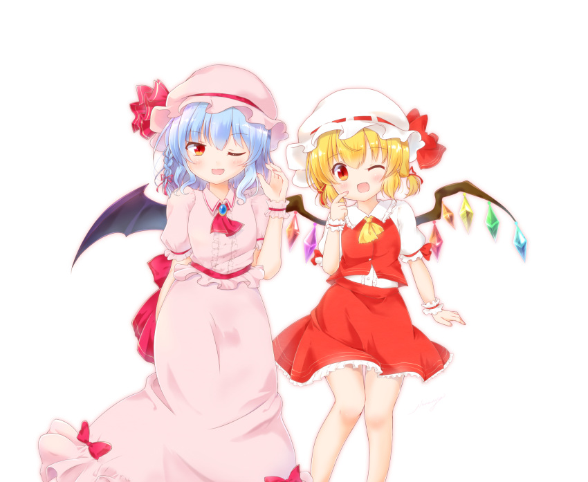 ;d alternate_hairstyle arm_behind_back ascot bat_wings blonde_hair blouse bow braid brooch buttons center_frills collared_blouse collared_shirt commentary_request eyebrows_visible_through_hair eyelashes fang feet_out_of_frame flandre_scarlet frilled_skirt frilled_sleeves frills gem gradient_eyes hair_ribbon hand_up hat hat_bow highres index_finger_raised jewelry knees_together light_blue_hair light_blush long_skirt looking_at_viewer low_twintails mob_cap multicolored multicolored_eyes multiple_girls nanarya one_eye_closed open_mouth pink_blouse pink_hat pink_skirt puffy_short_sleeves puffy_sleeves red_bow red_eyes red_neckwear red_ribbon red_skirt red_vest remilia_scarlet ribbon shirt short_hair short_sleeves simple_background single_braid skirt smile standing touhou twintails vest white_background white_hat white_shirt wing_collar wings wrist_cuffs yellow_eyes