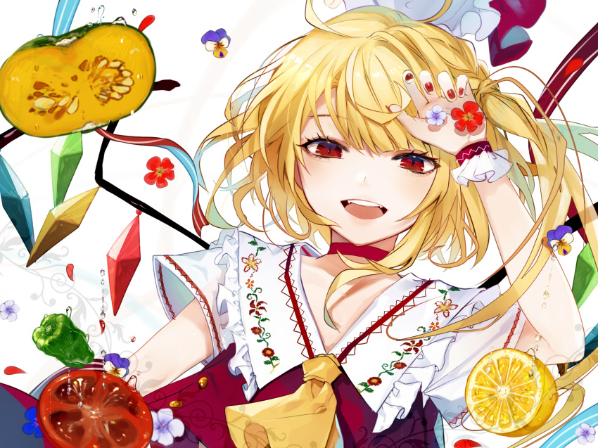 :d ascot bangs bell_pepper blonde_hair blue_flower blue_ribbon blush choker commentary crystal daimaou_ruaeru eyebrows_visible_through_hair eyelashes fangs fingernails flandre_scarlet floral_print flower food frilled_shirt_collar frills fruit gradient_hair green_pepper hand_up hat hat_removed hat_ribbon headwear_removed highres lemon light_blue_hair looking_at_viewer mob_cap multicolored_hair nail_polish one_side_up open_mouth pepper petals purple_flower red_choker red_eyes red_flower red_nails red_ribbon ribbon short_hair short_sleeves side_ponytail simple_background slit_pupils smile solo squash streaked_hair tomato touhou upper_body vest water water_drop white_background white_hat wings wrist_cuffs yellow_flower yellow_neckwear