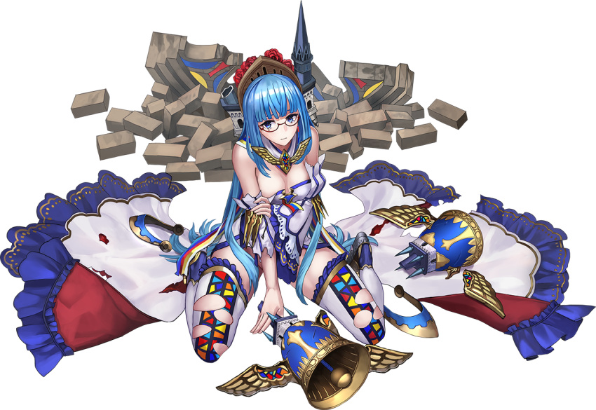 artist_request bangs bare_shoulders bell between_legs blue_eyes blue_hair blunt_bangs boots breasts cleavage detached_sleeves dress flower full_body glasses hair_flower hair_ornament hand_between_legs holding_bell long_hair looking_at_viewer luxembourg_(oshiro_project) medium_breasts oshiro_project oshiro_project_re red-framed_eyewear rose semi-rimless_eyewear sitting solo spread_legs thigh_boots thighhighs torn_clothes transparent_background