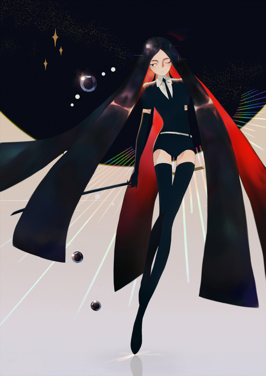 absurdres bangs black_eyes black_gloves black_hair black_legwear black_neckwear black_shorts black_vest bort collared_shirt diamond_(houseki_no_kuni) elbow_gloves gem_uniform_(houseki_no_kuni) gloves highres holding holding_sword holding_weapon houseki_no_kuni katana long_hair long_legs multicolored_hair murasaki_saki necktie one_eye_closed parted_bangs red_hair shirt short_shorts short_sleeves shorts solo sword thighhighs very_long_hair vest weapon white_shirt wing_collar