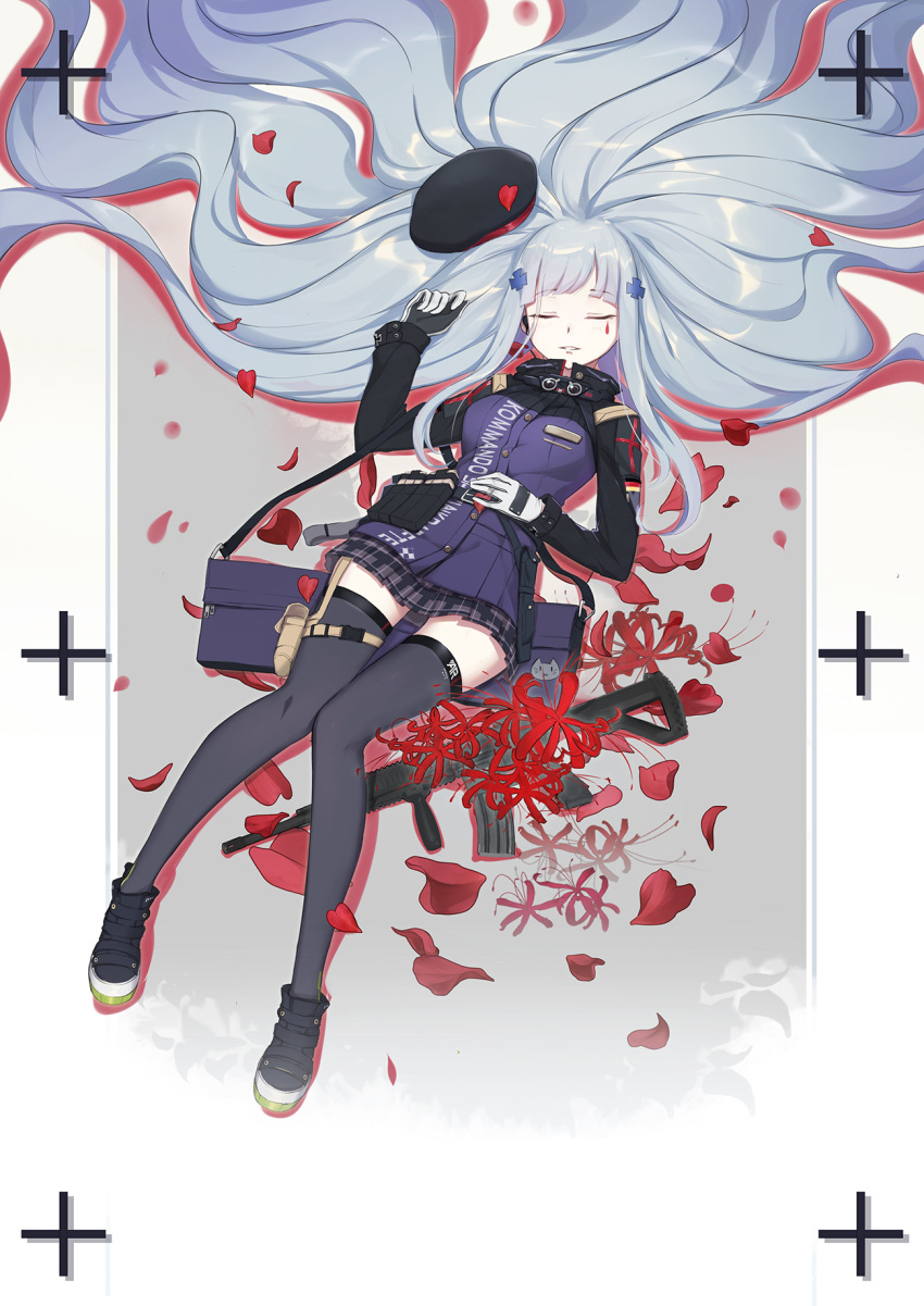 amber_(5_22_lili) ammunition_pouch assault_rifle bag bangs beret black_legwear blunt_bangs blush boots breasts closed_eyes commentary_request eyebrows_visible_through_hair facepaint flower german_flag girls_frontline gloves gun hair_ornament hand_on_own_stomach hat hat_removed headwear_removed heckler_&amp;_koch highres hk416 hk416_(girls_frontline) jacket jewelry knees_together_feet_apart long_hair long_sleeves lying magazine_(weapon) medium_breasts on_back parted_lips petals plaid plaid_skirt pouch rifle ring sidelocks silver_hair skirt smile solo strap teardrop thigh_strap thighhighs thighs very_long_hair weapon wedding_band white_gloves