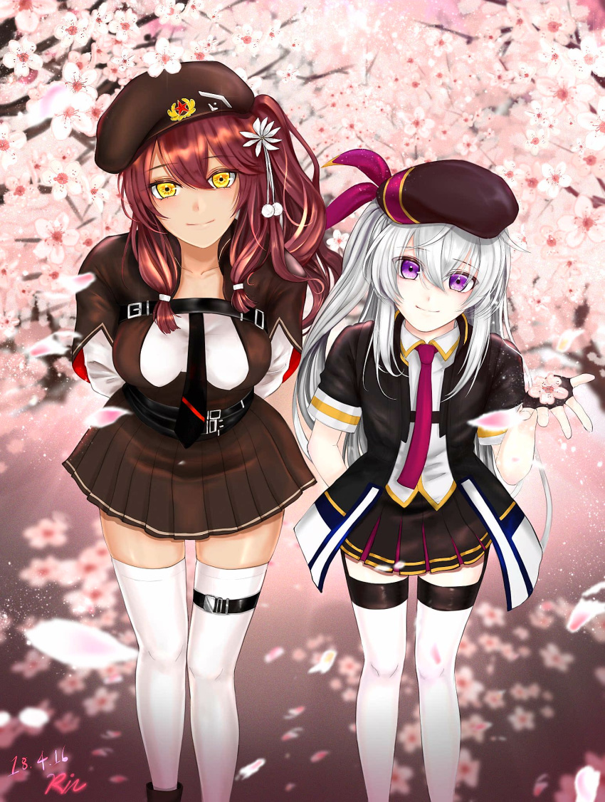 arm_behind_back arms_behind_back bangs beret black_neckwear black_skirt blush buckle cherry_blossoms closed_mouth collarbone collared_shirt commentary_request dated day eyebrows_visible_through_hair eyes_visible_through_hair fingerless_gloves girls_frontline gloves hair_between_eyes hand_up hat highres jacket leaning_forward light_particles long_hair looking_at_viewer miniskirt multiple_girls multiple_straps necktie open_clothes open_jacket outdoors petals pleated_skirt purple_neckwear rin0225225 saiga-12_(girls_frontline) shirt sidelocks signature skindentation skirt smile spring_(season) standing tareme thigh_strap thighhighs thighs usas-12_(girls_frontline) very_long_hair white_legwear white_shirt