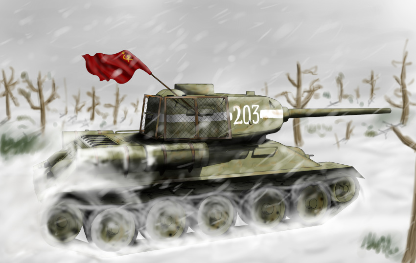 highres military military_vehicle motor_vehicle no_humans original sky snow snowing soviet_flag t-34 tank thesourkraut third-party_source tree