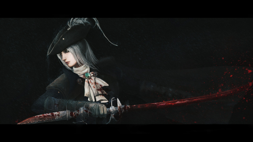 absurdres blood bloodborne blue_eyes brown_cape brown_gloves cape closed_mouth cravat double-blade from_side gloves grey_hair hat highres holding holding_sword holding_weapon lady_maria_of_the_astral_clocktower letterboxed lipstick makeup murasaki_saki ponytail red_lipstick solo standing sword the_old_hunters tricorne weapon white_neckwear