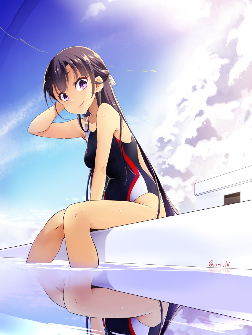 absurdres bangs black_hair breasts closed_mouth cloud cloudy_sky competition_swimsuit condensation_trail day hair_ornament half_updo highres kakumeiki_valvrave long_hair looking_at_viewer medium_breasts nino_(shira) one-piece_swimsuit pool purple_eyes reflection rukino_saki sitting sky swimsuit twitter_username water
