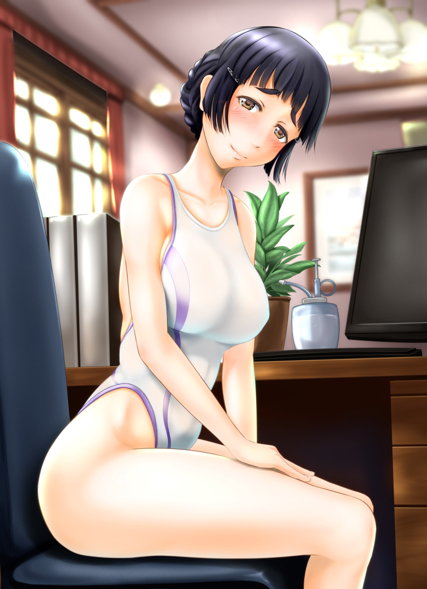 black_hair book bottle brown_eyes chair commentary_request competition_swimsuit feet_out_of_frame hair_bun head_tilt highleg highleg_swimsuit highres kantai_collection kauchoro_(namikazemakase) long_hair looking_at_viewer monitor myoukou_(kantai_collection) one-piece_swimsuit plant sitting solo swimsuit thick_eyebrows white_swimsuit