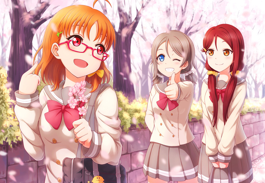 alternate_hairstyle bag bespectacled blue_eyes bow branch brown_hair cherry_blossoms commentary_request double-breasted glasses grin hair_bow hair_ornament hair_scrunchie hairclip holding_branch love_live! love_live!_sunshine!! low_twintails multiple_girls one_eye_closed orange_hair pleated_skirt pointing pointing_at_self red_bow red_eyes red_hair sakurauchi_riko school_bag school_uniform scrunchie serafuku short_twintails skirt smile spring_(season) takami_chika thumbs_up tree twintails uranohoshi_school_uniform watanabe_you white_scrunchie yellow_bow yellow_eyes yellow_scrunchie zi_long