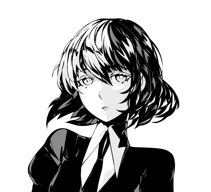 androgynous arsenixc diamond_(houseki_no_kuni) gem_uniform_(houseki_no_kuni) greyscale highres houseki_no_kuni monochrome parted_lips short_hair simple_background solo white_background