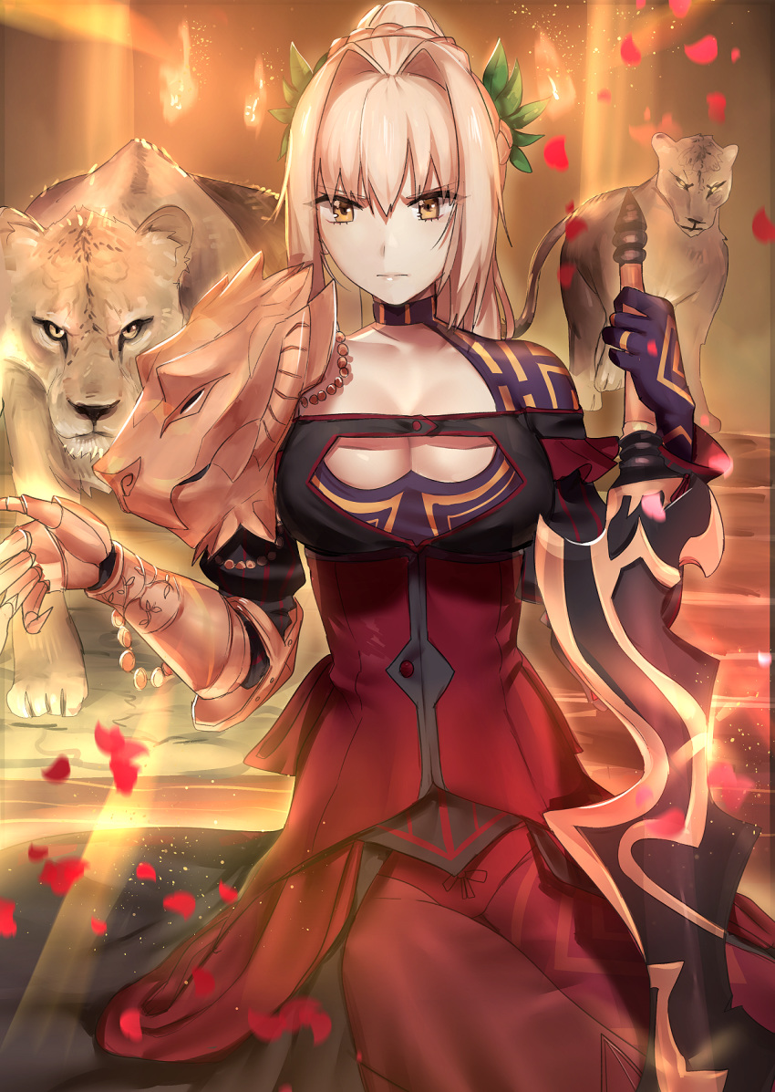 aestus_estus alternate_costume alternate_hairstyle armored_boots asymmetrical_clothes bangs black_dress blonde_hair boots bow braid breasts butt_crack cleavage cleavage_cutout closed_mouth collarbone commentary corset crown_braid dress elbow_pads eyebrows_visible_through_hair eyes_visible_through_hair fate/extra fate_(series) french_braid full_body gauntlets gloves gown hair_intakes head_wreath high_ponytail highres large_breasts lion long_dress long_hair long_sleeves looking_at_viewer multiple_views nero_claudius_(fate) nero_claudius_(fate)_(all) panties panties_under_pantyhose pantyhose pauldrons ponytail purple_gloves red_bow red_dress red_footwear red_legwear red_panties red_ribbon ribbon ryairyai serious shoulder_blades showgirl_skirt sidelocks simple_background single_gauntlet single_pauldron standing sword underwear v-shaped_eyebrows weapon white_background yellow_eyes
