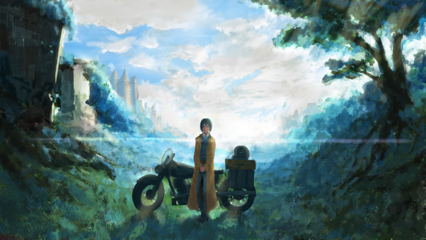 androgynous backlighting black_hair bob_cut brough_superior brown_coat check_commentary cloud cloudy_sky coat commentary commentary_request ground_vehicle hands_clasped hermes kino kino_no_tabi lens_flare long_coat motor_vehicle motorcycle nature own_hands_together scenery shin_(shinitagaki) short_hair sky solo standing tree wide_shot