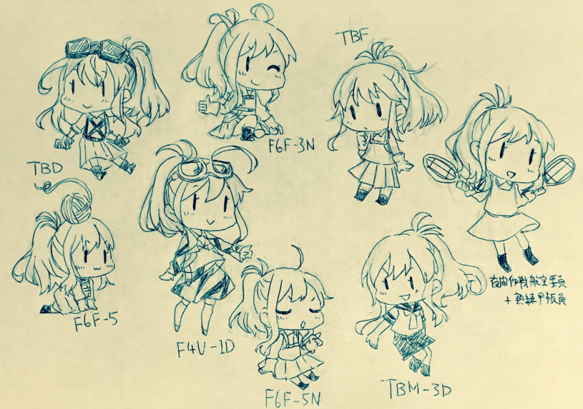 :3 :d ahoge blush boots camouflage chibi closed_eyes collared_shirt fairy_(kantai_collection) full_body gloves goggles goggles_on_head kantai_collection kneehighs long_hair monochrome multiple_girls nami_nami_(belphegor-5812) neckerchief one_eye_closed one_knee open_mouth pilot_suit pleated_skirt ponytail sailor_collar school_uniform serafuku shirt short_sleeves sidelocks skirt sleeves_rolled_up smile thighhighs thumbs_up traditional_media uniform |_|