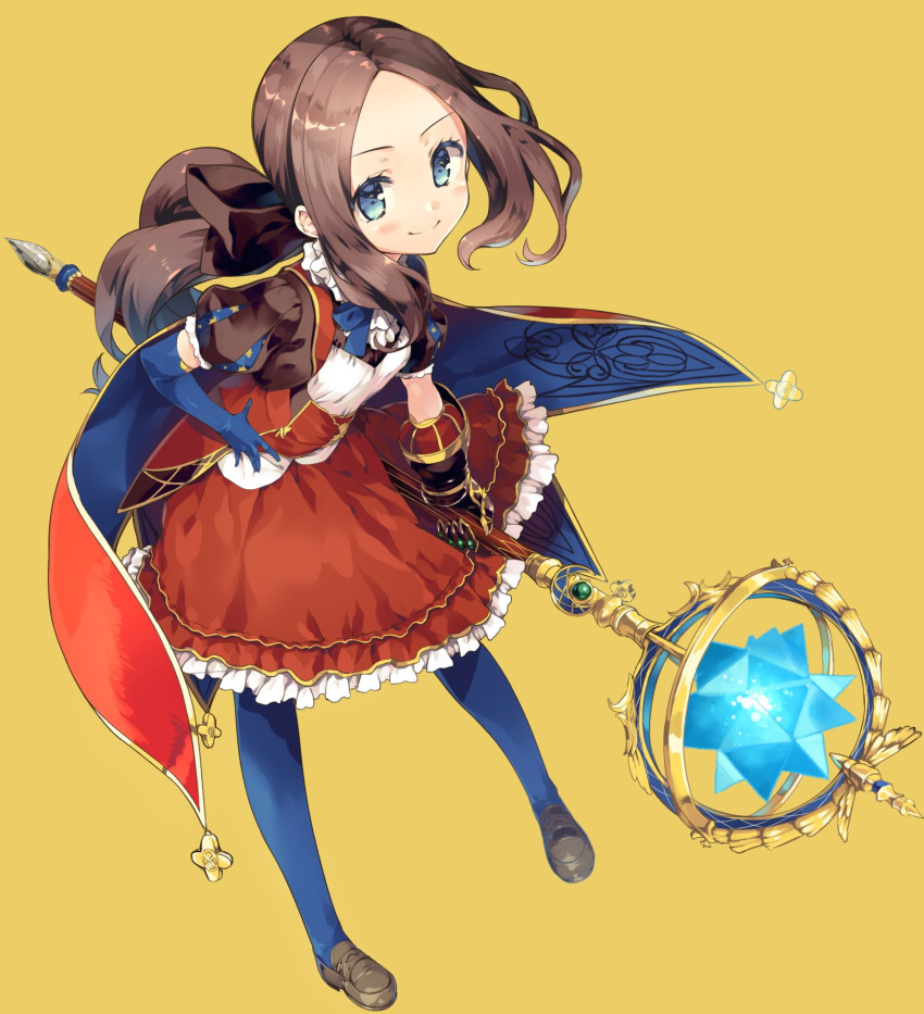 blue_cape blue_eyes blue_gloves blue_legwear bow brown_hair cape commentary_request cura dress elbow_gloves fate/grand_order fate_(series) gloves hair_bow hand_on_hip highres holding holding_staff leonardo_da_vinci_(fate/grand_order) loafers long_hair orange_background pantyhose ponytail puffy_short_sleeves puffy_sleeves red_cape red_dress ribbon shoes short_sleeves simple_background single_elbow_glove smile solo staff weapon younger