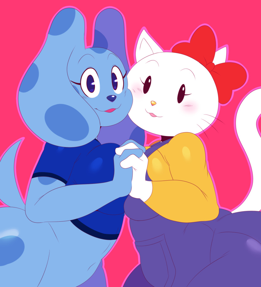 2018 anthro beady_eyes blue's_clues blue_(blue's_clues) blue_eyes blue_nose blush bottomless breasts canine cat clothed clothing crossover digital_media_(artwork) dog duo feline female hand_holding hello_kitty hello_kitty_(character) hi_res looking_at_viewer mammal open_mouth red_background sanrio simple_background sssonic2 whiskers