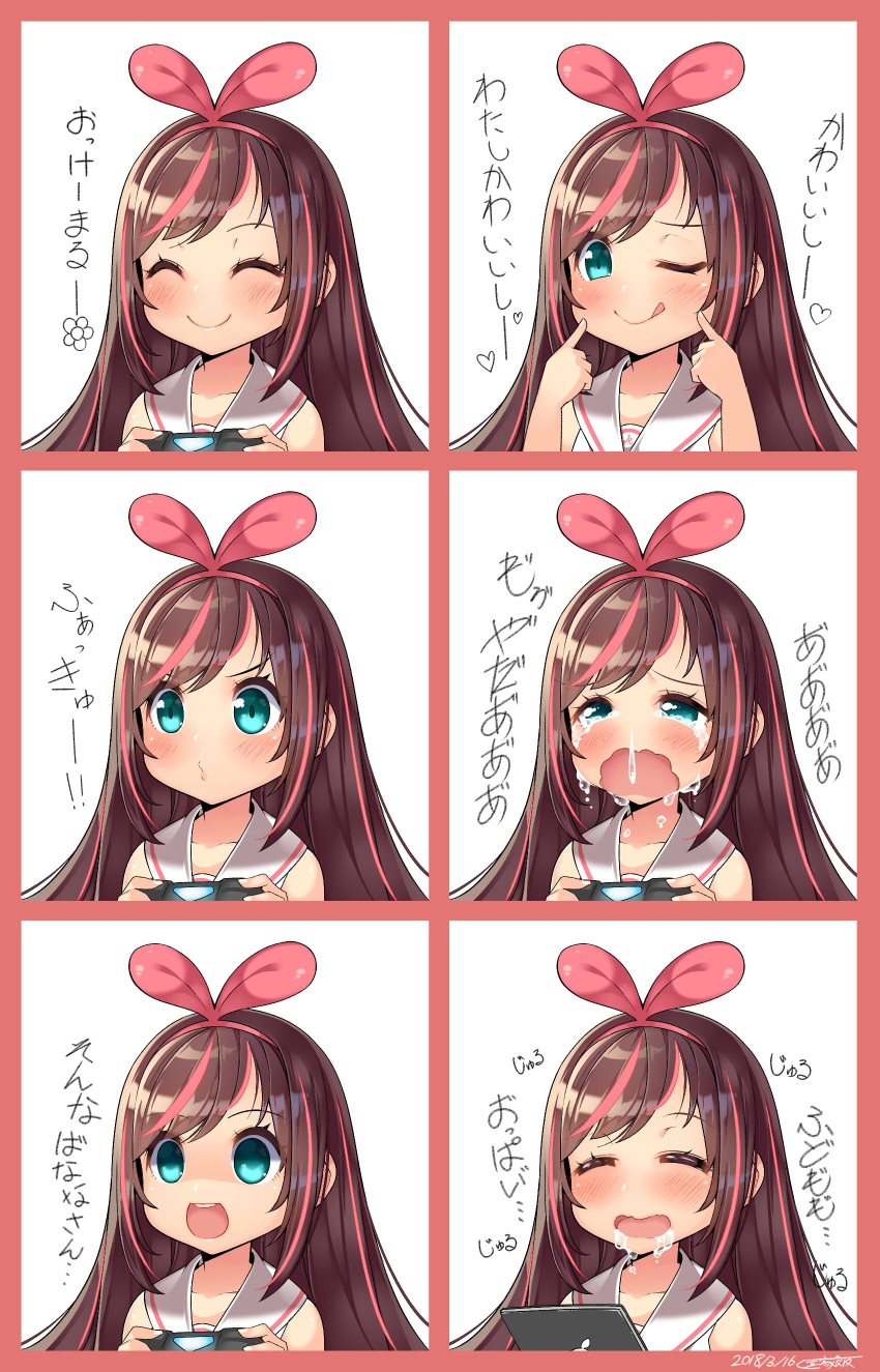 :d ;p ^_^ a.i._channel absurdres angry blue_eyes blush bow brown_hair closed_eyes controller crying crying_with_eyes_open dated drooling finger_to_cheek game_controller hair_bow hairband highres holding_controller kizuna_ai kokka_han long_hair multicolored_hair multiple_views one_eye_closed open_mouth pink_bow pink_hair pink_hairband signature smile streaked_hair tears tongue tongue_out translated upper_body virtual_youtuber