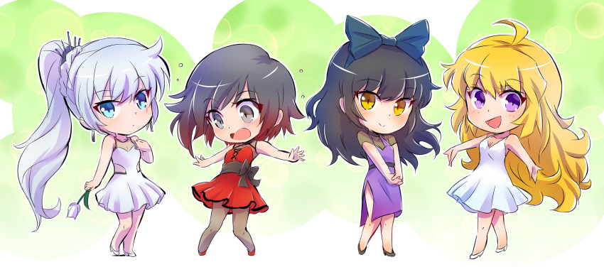 ahoge blake_belladonna blue_bow blue_eyes bow chibi commentary_request dress grey_eyes hair_bow high_heels highres iesupa multiple_girls purple_dress purple_eyes red_dress ruby_rose rwby rwby_chibi simple_background weiss_schnee white_dress yang_xiao_long yellow_eyes