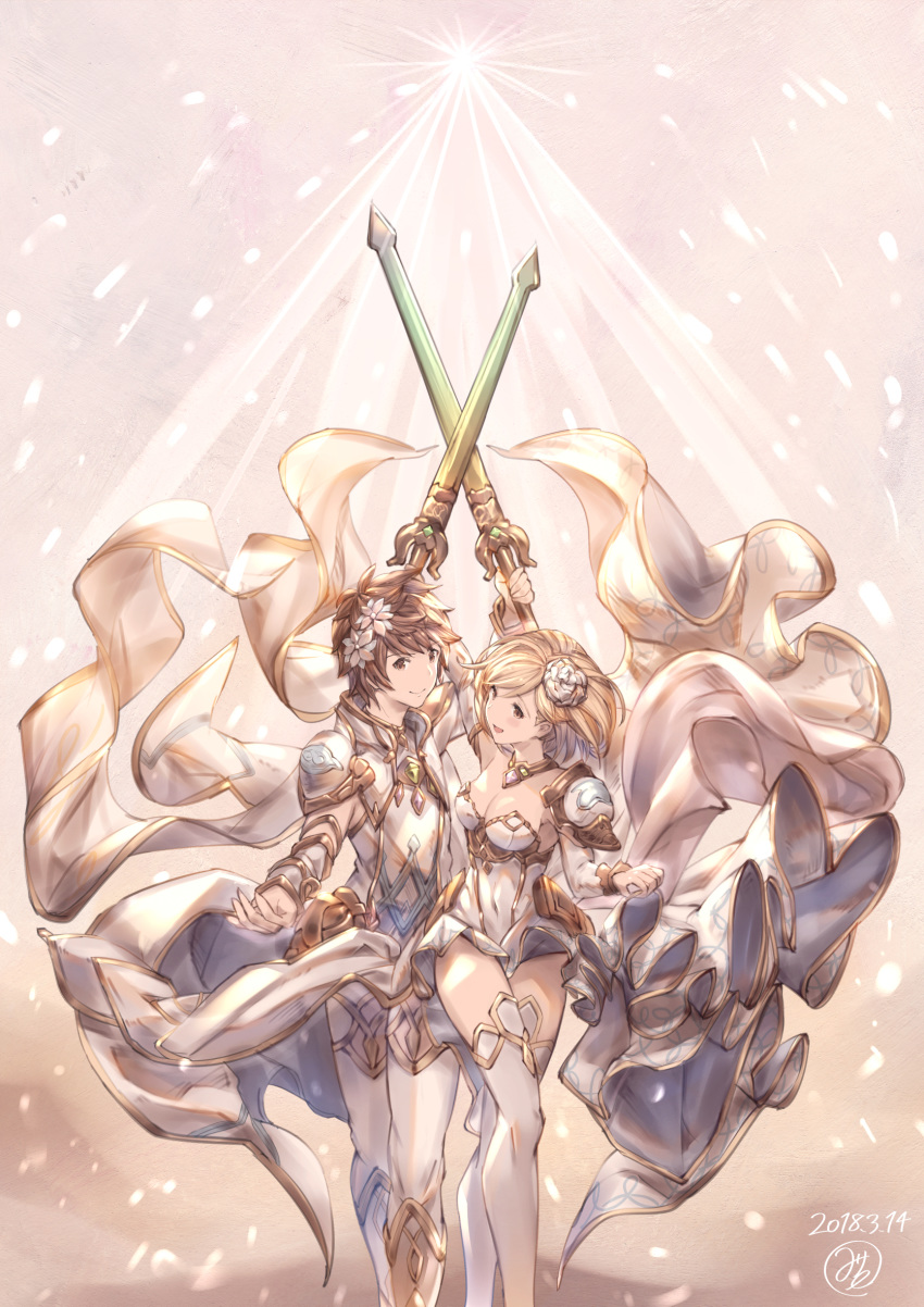 1girl 2018 :d arm_up blonde_hair brown_eyes choker cosplay covered_navel dated detached_sleeves djeeta_(granblue_fantasy) floating_hair flower gran_(granblue_fantasy) granblue_fantasy hair_flower hair_ornament highres holding holding_sword holding_weapon knights_of_glory leotard milli_little open_mouth pants shoulder_armor signature smile spaulders standing strapless strapless_leotard sword the_glory the_glory_(cosplay) thighhighs weapon white_flower white_legwear white_leotard white_pants