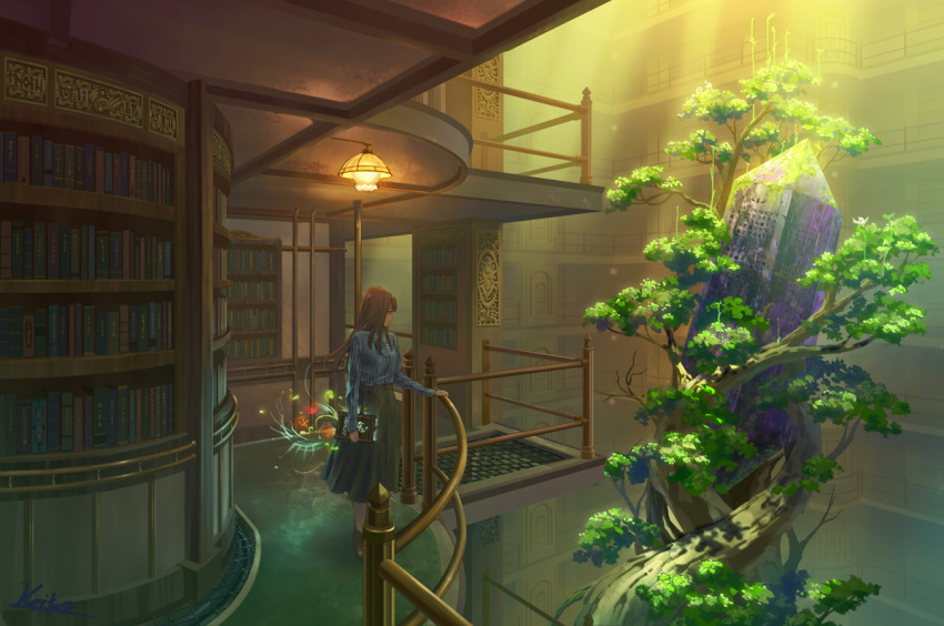 black_hair book commentary crystal fantasy holding holding_book indoors kaitan lamp library light_rays long_hair looking_to_the_side magic original overgrown railing scenery shirt signature skirt solo striped striped_shirt sunlight tree