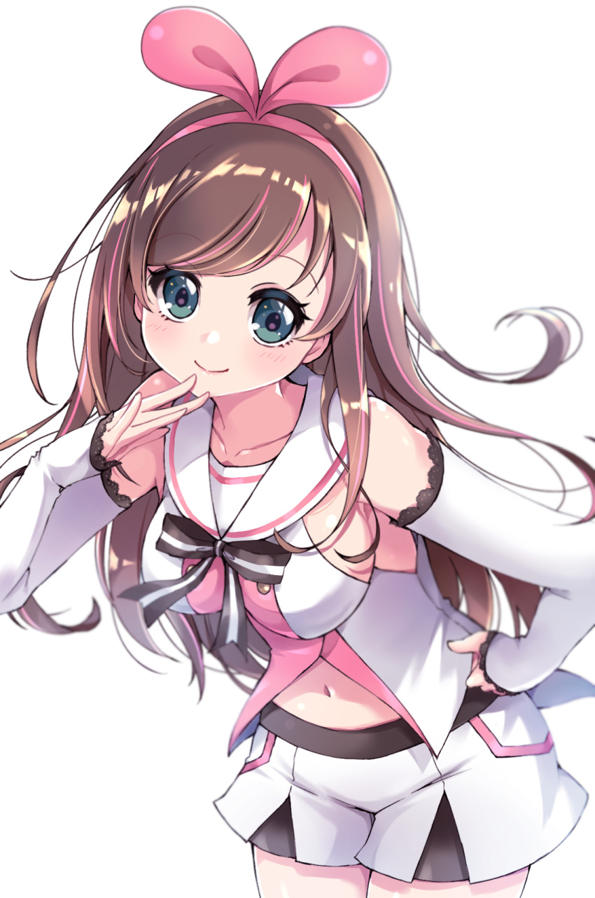 a.i._channel bangs black_bow blue_eyes blush bow breasts brown_hair closed_mouth collarbone commentary_request detached_sleeves eyebrows_visible_through_hair hair_ribbon hairband hand_on_hip hand_to_own_mouth hand_up highres kizuna_ai large_breasts leaning_forward long_hair long_sleeves multicolored_hair navel pikomarie pink_hair pink_hairband pink_ribbon ribbon sailor_collar shirt short_shorts shorts sideboob sleeveless sleeveless_shirt sleeves_past_wrists smile solo streaked_hair striped striped_bow very_long_hair virtual_youtuber white_sailor_collar white_shirt white_shorts