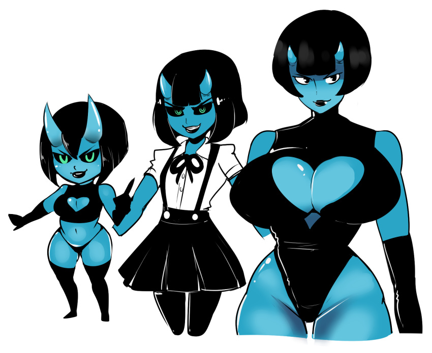 &lt;3 big_breasts black_hair black_lips blue_skin breasts cleavage clothed clothing demon dwps female hair horn imp monster_girl_(genre) not_furry rubber school_uniform short_hair skirt small_breasts smile thick_thighs uniform wide_hips