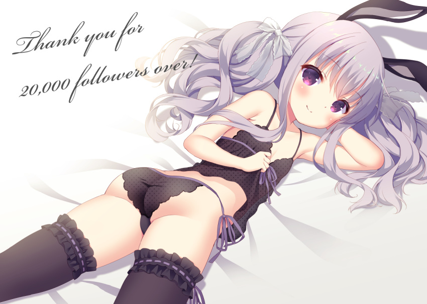 1girl animal_ears ass bangs bare_arms bare_shoulders bed_sheet black_camisole black_legwear black_panties blush bunny_ears camisole chitosezaka_suzu closed_mouth collarbone commentary_request english eyebrows_visible_through_hair followers frilled_legwear hair_between_eyes lingerie long_hair looking_at_viewer lying on_stomach original panties polka_dot polka_dot_panties purple_eyes purple_hair side-tie_panties sidelocks smile solo thank_you thighhighs twintails underwear underwear_only very_long_hair