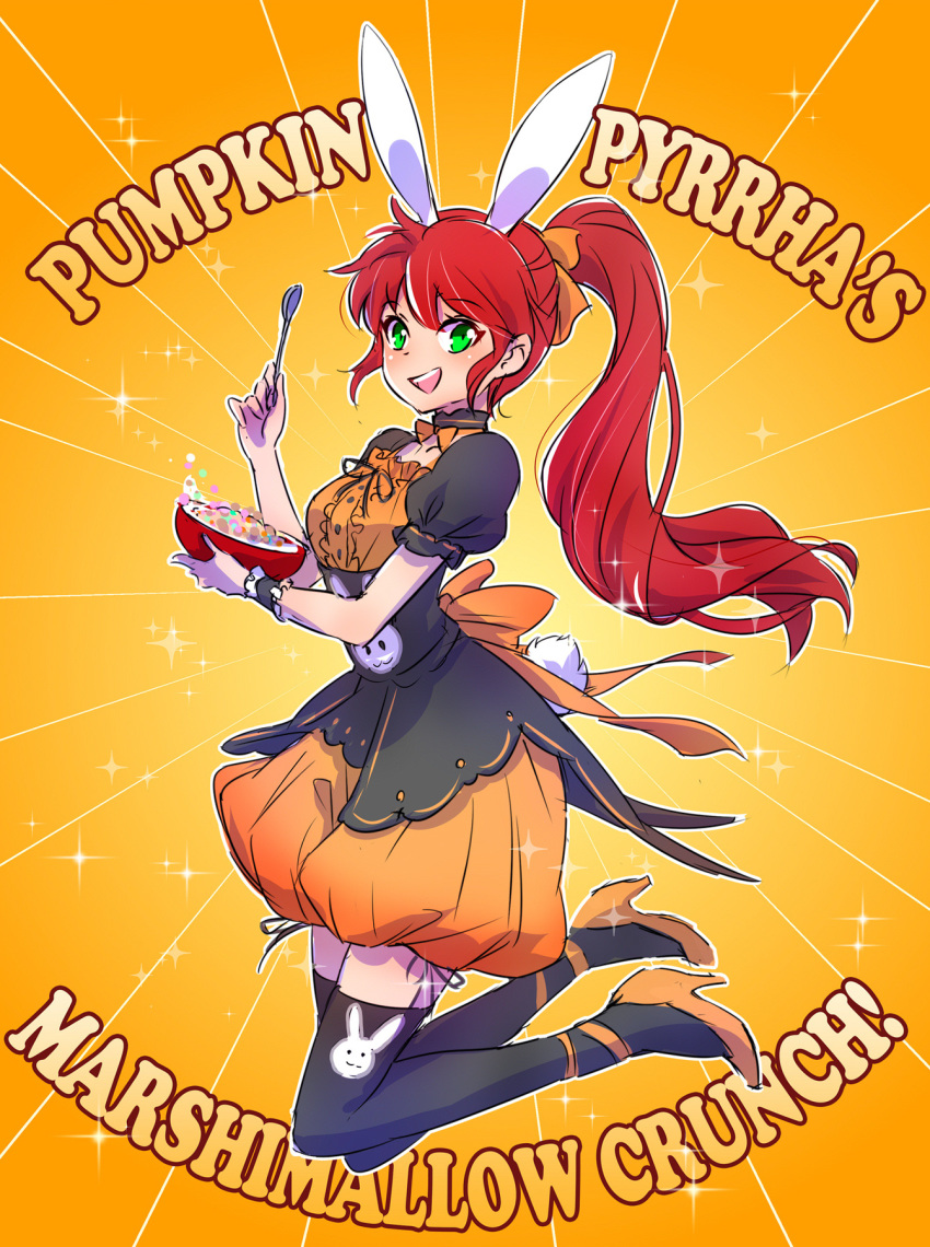 animal_ears bunny_ears bunny_tail cereal cereal_box commentary_request english fake_animal_ears fake_tail food green_eyes halloween halloween_costume happy high_heels highres iesupa marshmallow ponytail pumpkin_pants pyrrha_nikos red_hair rwby solo sparkle spoon tail thighhighs