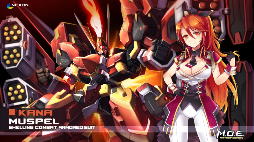 artist_name ass_visible_through_thighs breasts character_name cleavage cleavage_cutout clenched_hand company_name copyright_name eyebrows_visible_through_hair fire flame gloves glowing gradient_hair hand_on_hip highres kana_(master_of_eternity) large_breasts master_of_eternity mecha missile_pod multicolored_hair muspel_(master_of_eternity) necktie nexon official_art orange_eyes orange_hair wallpaper wrist_cuffs