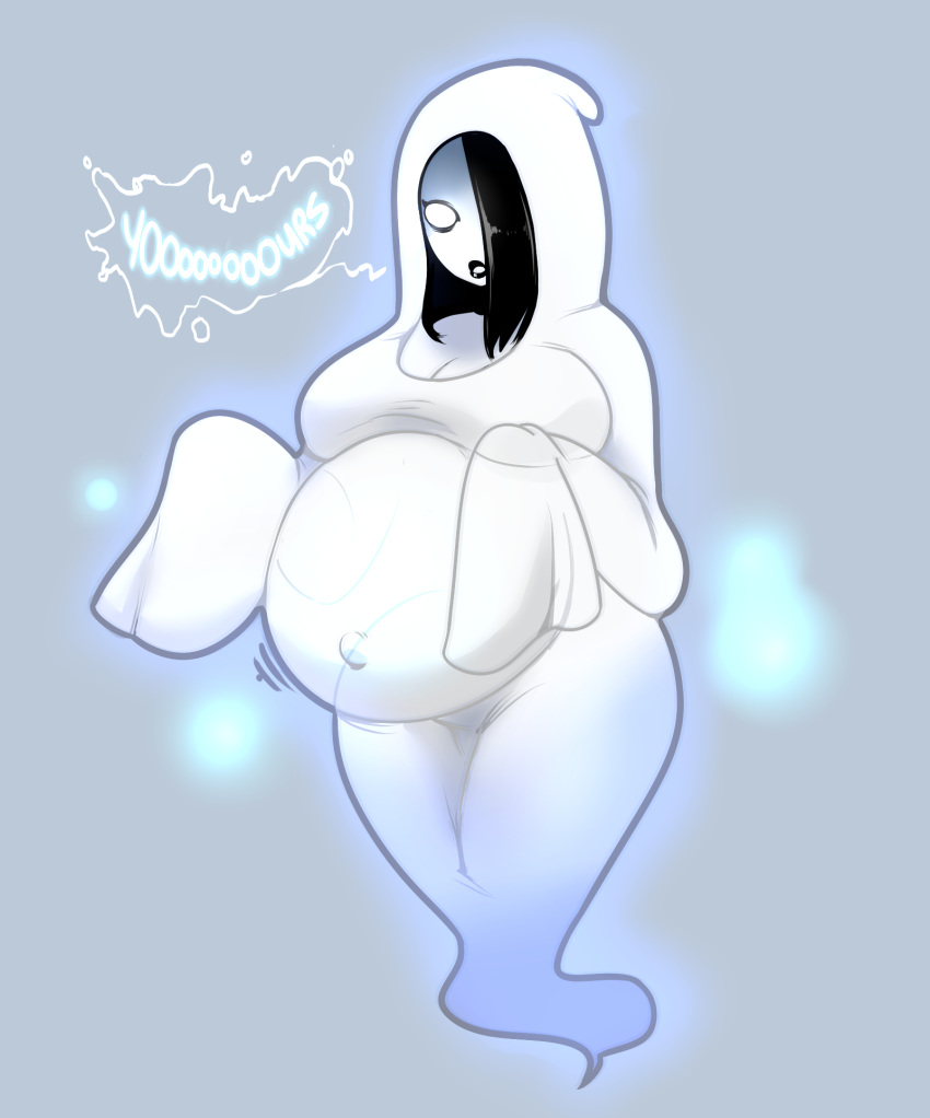 belly big_belly big_breasts black_hair black_lips breasts cleavage clothed clothing dwps female ghost hair hi_res humanoid navel not_furry pregnant robe spirit