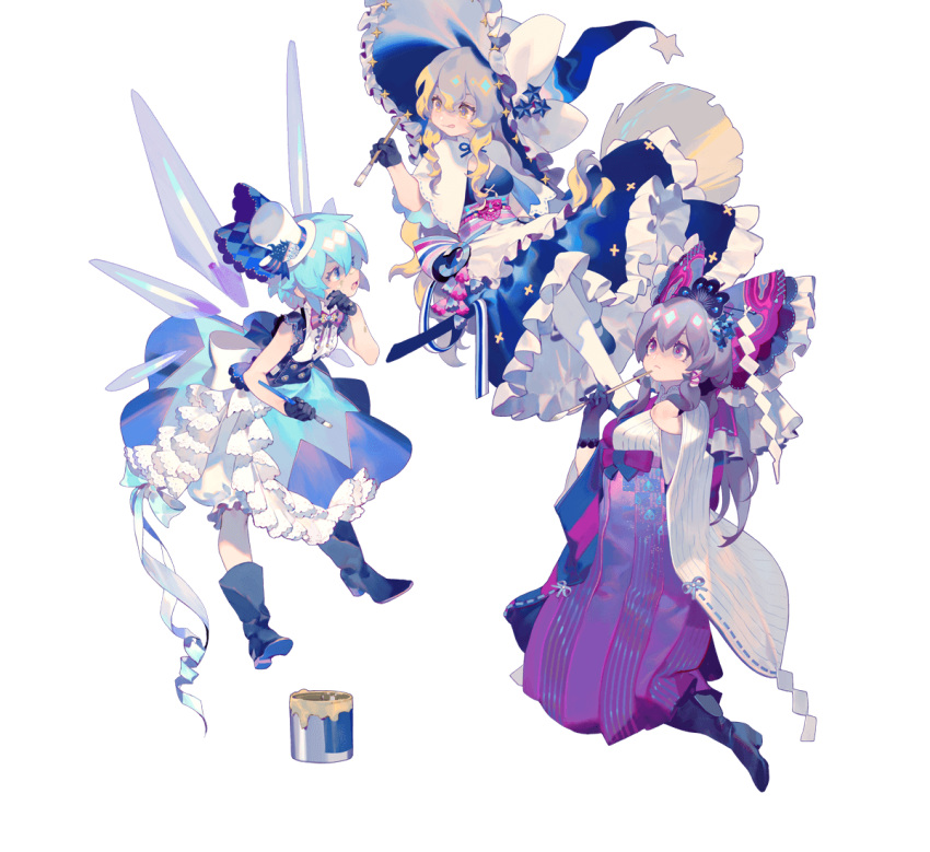 adapted_costume ascot blonde_hair blue_eyes blue_hair boots bow brown_eyes brown_hair cirno detached_sleeves dress frilled_dress frills full_body hair_bow hair_ornament hair_stick hair_tubes hakurei_reimu hat ice ice_wings kirisame_marisa lace lace-trimmed_dress long_hair mary_janes multiple_girls obi paint_can paintbrush rei_(sanbonzakura) ribbon sash shide shirt shoes short_hair skirt sleeveless sleeveless_shirt top_hat touhou transparent_background wide_sleeves wings witch_hat yellow_eyes