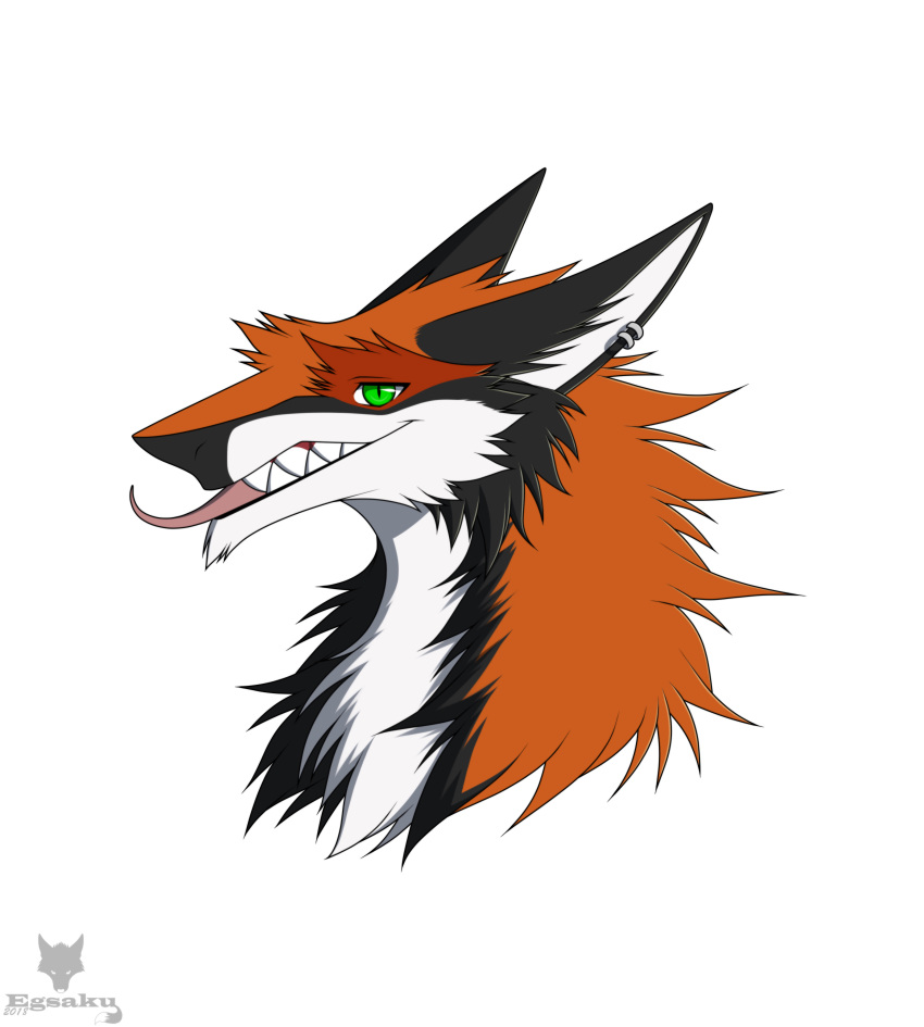 2018 anthro black_fur ear_piercing egsaku egsaku_(character) fur green_eyes headshot_portrait looking_aside looking_at_viewer male multicolored_fur neck_tuft orange_fur piercing portrait sergal sharp_teeth simple_background slit_pupils solo teeth tongue tongue_out tuft white_background white_fur