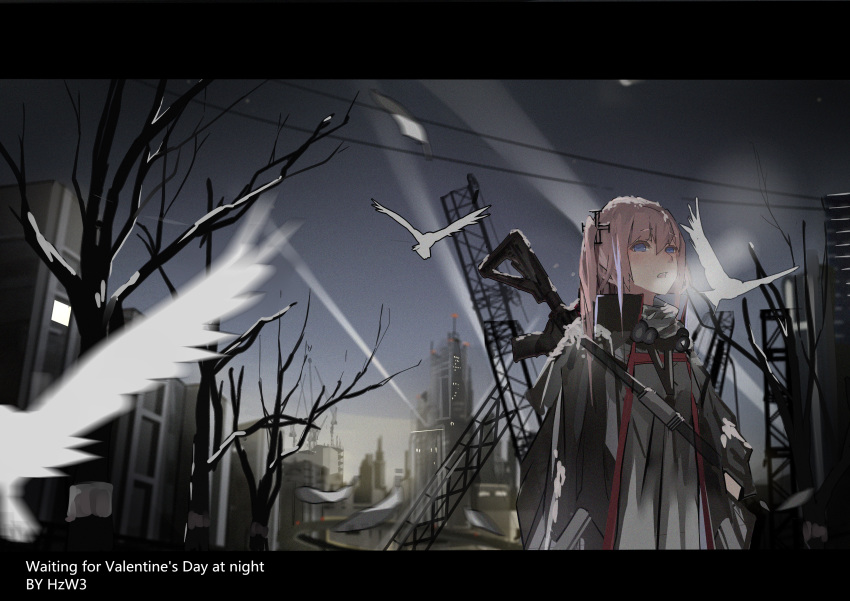 absurdres ar-15 artist_name bangs bare_tree bird blue_eyes blush breath building cityscape commentary crane dark_sky dress dusk eyebrows_visible_through_hair feathers fingerless_gloves girls_frontline gloves gun hair_ornament hands_in_pockets highres holding hzw3 jacket letterboxed lights looking_at_viewer multicolored_hair one_side_up open_mouth pink_hair pocket rifle scarf sidelocks snow snowing solo st_ar-15_(girls_frontline) strap streaked_hair text_focus tree weapon weapon_on_back