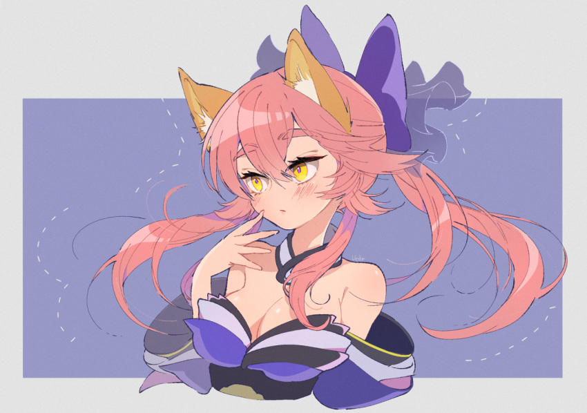 animal_ears bare_shoulders blue_ribbon blush breasts cleavage closed_mouth commentary_request detached_sleeves fate/grand_order fate_(series) fox_ears hair_ribbon japanese_clothes large_breasts long_hair pink_hair ribbon solo tamamo_(fate)_(all) tamamo_no_mae_(fate) ueda_kou yellow_eyes