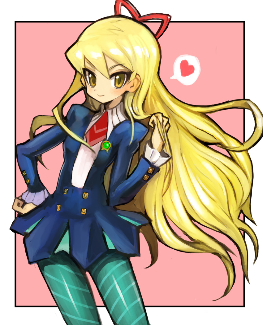 alternate_hairstyle badge bangs blonde_hair blue_legwear blush border breasts buttons dakusuta hair_ribbon hand_in_hair hand_on_hip heart highres long_hair looking_to_the_side outside_border pantyhose pink_background red_ribbon ribbon rockman ryuusei_no_rockman school_uniform shirogane_luna simple_background small_breasts smile solo speech_bubble striped striped_legwear very_long_hair white_border yellow_eyes