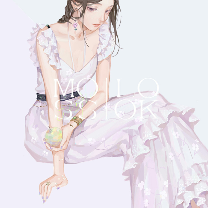 apple artist_name bare_shoulders bracelet brown_hair collarbone commentary dress earrings feet_out_of_frame food fruit holding jewelry long_hair looking_at_viewer moss_(2225028) nail_polish orange_eyes original purple_eyes ring simple_background solo