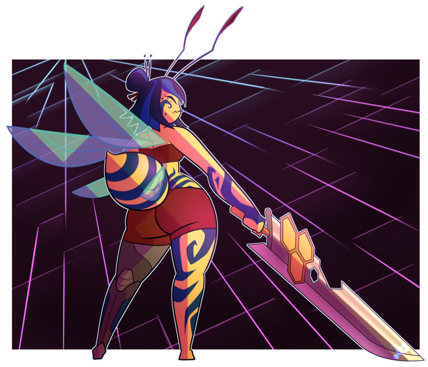 antennae arthropod bee big_butt butt clothing cybernetics female huge_sword insect machine melee_weapon potoobrigham robotic_leg shorts tattoo tribal_tattoo weapon wide_hips wings