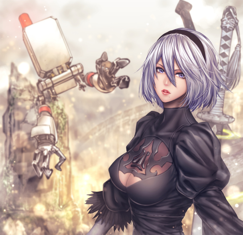 absurdres black_dress black_hairband blue_eyes breasts broadsword chain cleavage cleavage_cutout covered_eyes dress drone enty_reward eyelashes feather-trimmed_sleeves feather_trim floating greatsword hairband highres huge_weapon juliet_sleeves katana large_breasts light_particles long_sleeves looking_at_viewer machinery mole mole_under_mouth nier_(series) nier_automata no_blindfold nose paid_reward pink_lips pod_(nier_automata) pommel_tassel puffy_sleeves ribbon ribbon-trimmed_dress robot ruins short_hair silver_hair solo stitches sword tassel turtleneck turtleneck_dress upper_teeth vambraces weapon weapon_on_back white_ribbon yorha_no._2_type_b zucchini
