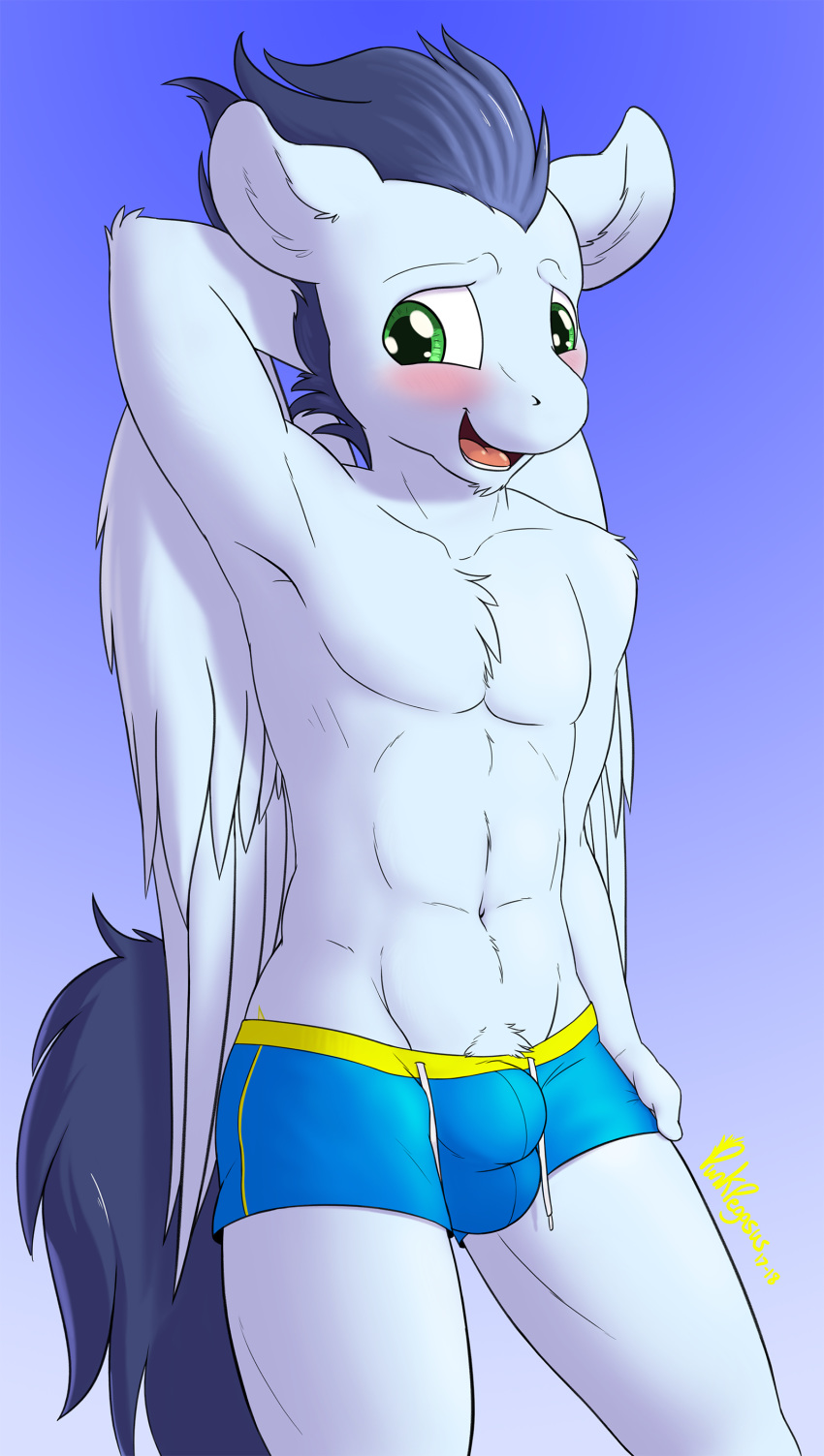 2018 abs anthro blue_fur blue_hair blush bulge clothed clothing equine friendship_is_magic fur green_eyes hair hi_res invalid_tag male mammal muscular my_little_pony open_mouth pegasus pubes punk-pegasus shorts simple_background skimpy soarin_(mlp) solo topless wings wonderbolts_(mlp)