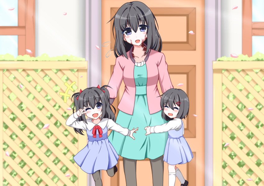 3girls ;d black_hair black_legwear blue_eyes blush burn_scar child closed_eyes commentary_request day door dorei_to_no_seikatsu_~teaching_feeling~ hair_between_eyes hair_ornament hairclip mother_and_daughter multiple_girls older one_eye_closed open_mouth outdoors pantyhose petals scar smile sylvie_(dorei_to_no_seikatsu) takahiko twintails v_over_eye