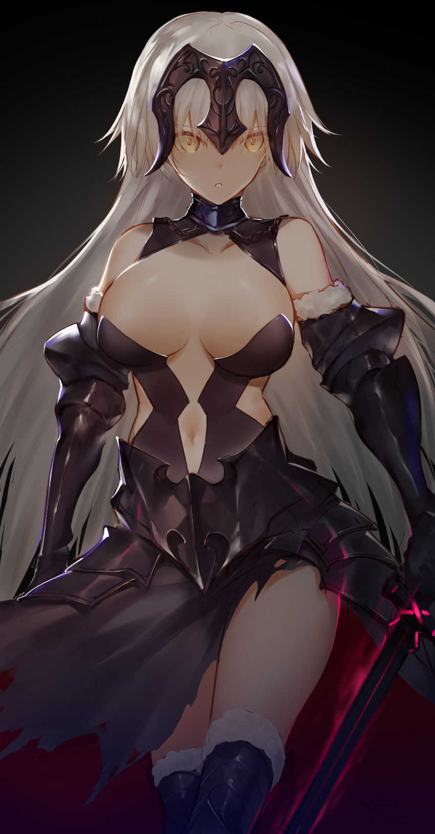 absurdres armor armored_dress bangs black_dress breasts commentary dress fate/grand_order fate_(series) faulds fur_trim headpiece highres holding holding_sword holding_weapon horz jeanne_d'arc_(alter)_(fate) jeanne_d'arc_(fate)_(all) large_breasts long_hair looking_at_viewer parted_lips silver_hair solo sword thighhighs thighs tsurime vambraces weapon white_legwear yellow_eyes