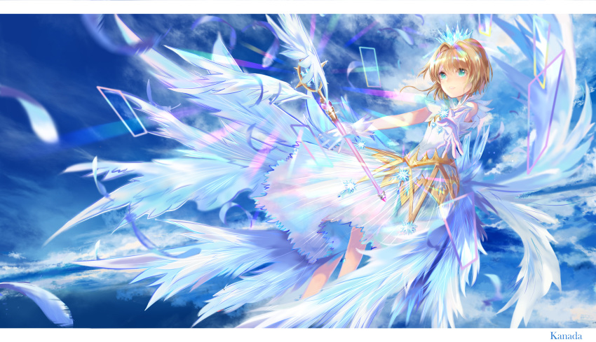 absurdres blonde_hair cardcaptor_sakura clear_card crown dress feathered_wings feathers gloves green_eyes highres kinomoto_sakura lihua_zouxian_zhiyin magical_girl short_hair short_hair_with_long_locks sidelocks sky sleeveless sleeveless_dress solo staff white_dress white_gloves white_wings wings yume_no_tsue