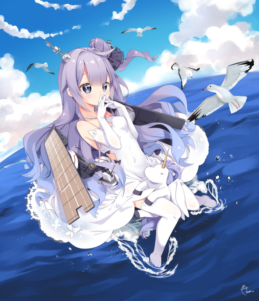 ahoge animal arami_o_8 artist_name azur_lane bangs bare_shoulders bird black_bow black_ribbon blue_sky bow breasts cloud collarbone commentary covered_mouth covered_navel day dress dutch_angle elbow_gloves eyebrows_visible_through_hair flight_deck gloves hair_bun hair_ornament hair_ribbon halterneck highres horizon long_hair medium_breasts ocean one_side_up outdoors purple_eyes purple_hair ribbon seagull side_bun signature sky solo steepled_fingers stuffed_alicorn stuffed_animal stuffed_toy thighhighs unicorn_(azur_lane) very_long_hair water white_dress white_gloves white_legwear