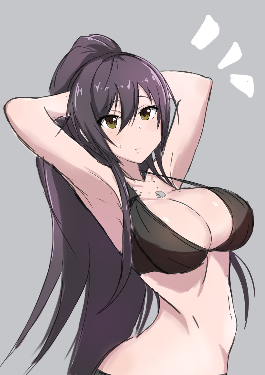 absurdres arched_back armpits arms_behind_head bikini black_bikini black_hair breasts brown_eyes frown grey_background hair_between_eyes highres idolmaster idolmaster_shiny_colors j.roswel jewelry large_breasts long_hair looking_at_viewer necklace shirase_sakuya simple_background sketch solo strap_gap swimsuit very_long_hair