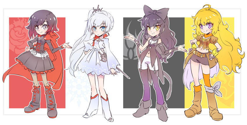 black_hair blake_belladonna blonde_hair blue_eyes chibi commentary_request ember_celica_(rwby) highres iesupa multiple_girls myrtenaster pantyhose purple_eyes red_hair ruby_rose rwby rwby_chibi silver_eyes thighhighs weiss_schnee white_hair yang_xiao_long yellow_eyes