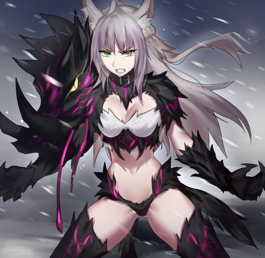 agrius_metamorphosis animal_ears atalanta_(alter)_(fate) atalanta_(fate) black_footwear black_gloves black_panties boots breasts cleavage clenched_teeth fate/grand_order fate_(series) floating_hair gloves green_eyes hair_between_eyes highres long_hair medium_breasts midriff navel outdoors panties ryairyai silver_hair snowing solo stomach teeth thigh_boots thighhighs underwear yellow_eyes