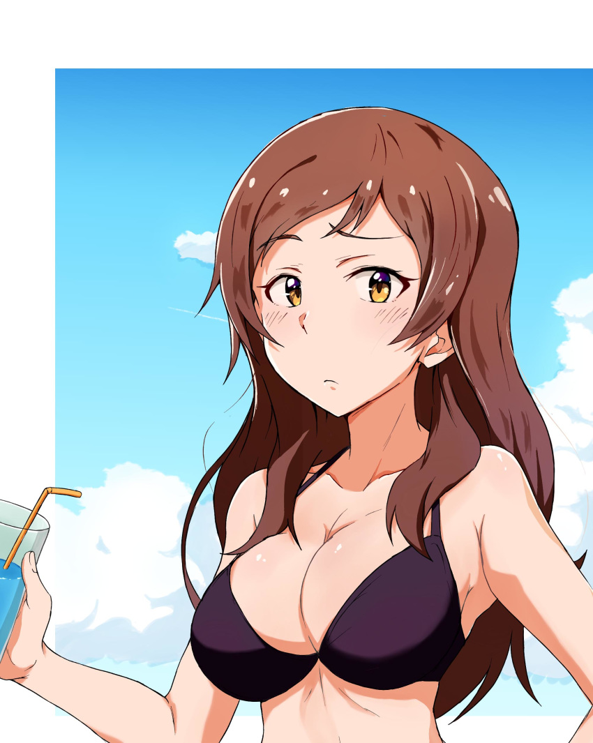 absurdres bad_id bad_pixiv_id bikini blush breasts brown_eyes brown_hair cleavage drinking_straw glass highres idolmaster idolmaster_million_live! j.roswel kitazawa_shiho large_breasts long_hair looking_at_viewer purple_bikini solo swimsuit