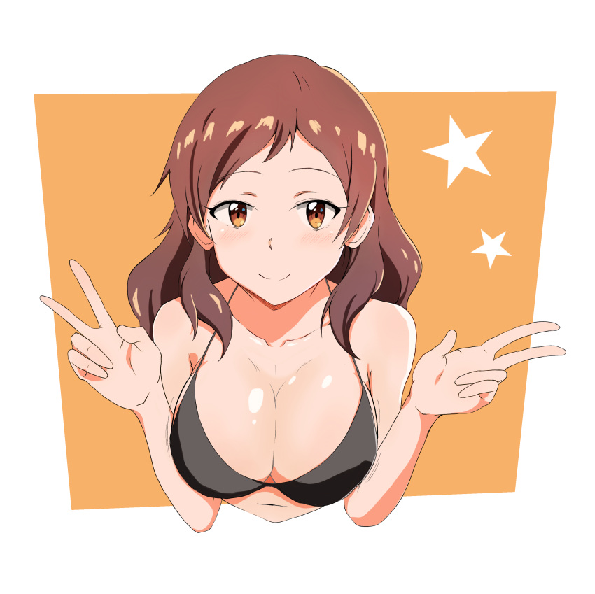 absurdres bad_id bad_pixiv_id black_bikini_top blush breasts brown_eyes brown_hair cleavage double_v highres idolmaster idolmaster_million_live! j.roswel kitazawa_shiho large_breasts long_hair looking_at_viewer navel smile solo star v